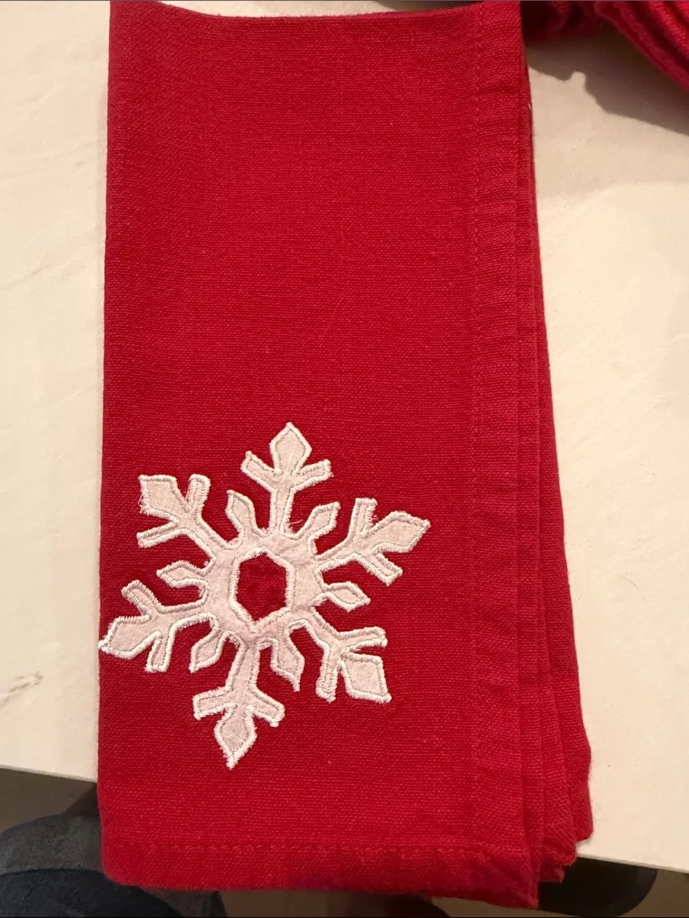 Set of 8 Red Embroidered Snowflake Holiday Napkins - Cloth Napkins.